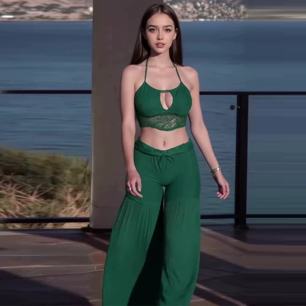 Forever 21 Elegant Green Lace Trim Crop Top Pants Set for Fall